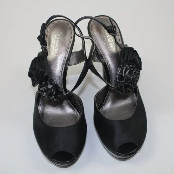 Coach Addysen Black Satin Rosette High Heels Peep Toe Womens Shoes Size 8 8B - Picture 3 of 7